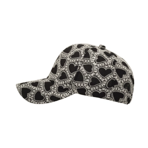 Classic black baseball cap with white heart embroidery and curved brim for sun protection