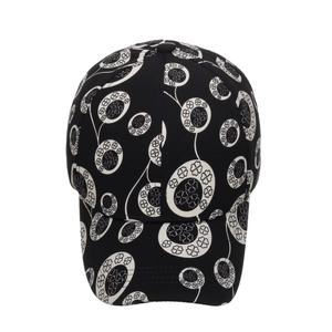 Black baseball cap with white clover geometric print and adjustable sun protection brim