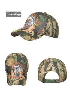 Detailed views of camouflage baseball cap with eagle embroidery and adjustable strap back