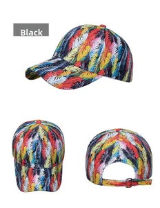 Three-view layout of colorful feather print baseball cap with adjustable metal back buckle