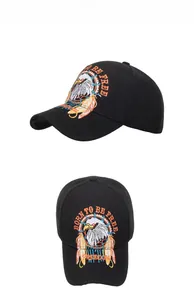 Detail of eagle and Born to Be Free embroidery on black cotton baseball cap