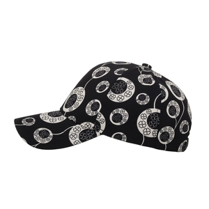 Classic black baseball cap with white clover circle print and curved brim for sun protection