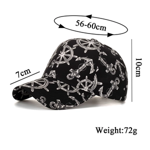 Black baseball cap with white anchor and rudder prints, nautical style sun hat, 56-60cm