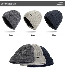 Detailed color display of cable knit beanies in grey, beige, and navy with metal tag