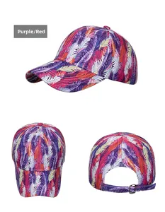 Detailed views of tie-dye baseball cap featuring purple feather print and metal buckle