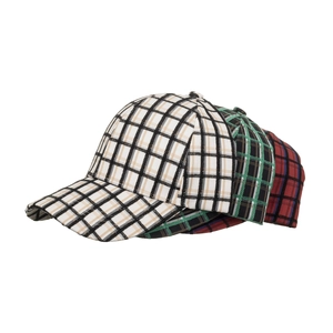 Three plaid pattern baseball caps in various colors with classic curved brims