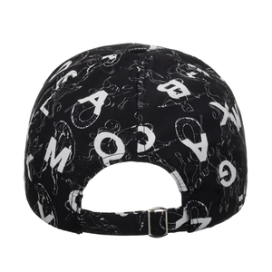 Adjustable black baseball cap featuring an all-over white letter and figure pattern print