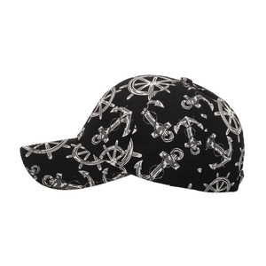 Black baseball cap with white anchor and helm patterns for outdoor sun protection