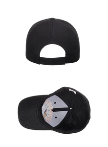 Detail view of the black baseball cap showing the adjustable strap and interior lining