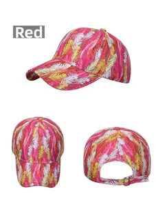 Three-angle view of feather print baseball cap showing the front, side and metal buckle