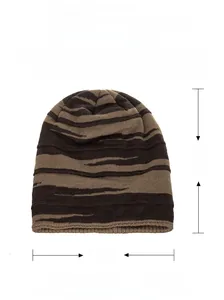 Detail showing high-density 100% acrylic knit texture with brown stripes on beanie hat
