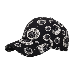 Classic baseball cap with white clover floral print on black fabric for outdoor sun protection