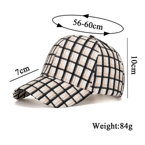 Classic plaid checkered baseball cap for sun protection featuring adjustable size specs