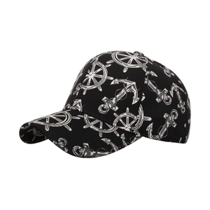 Black baseball cap with white anchor and helm print patterns for sun protection