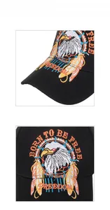 Close-up of the eagle embroidery and stitching details on the black baseball cap