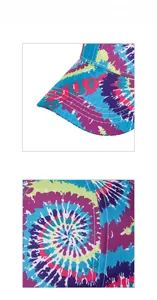 Dettaglio del cappellino tie-dye con tessuto in tela multicolore e cuciture rinforzate