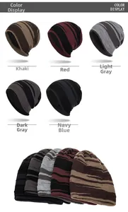 Winter knit beanies with warm fleece lining shown in khaki, red, grey, and navy colors