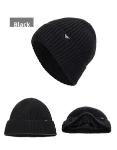 Detailed views of black knit beanie with thick fleece lining and triangle logo patch