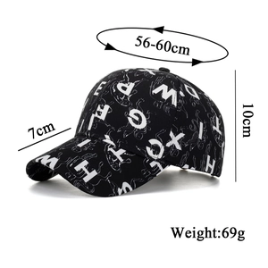 Classic black baseball cap with white lettering, showing dimensions 56-60cm circumference
