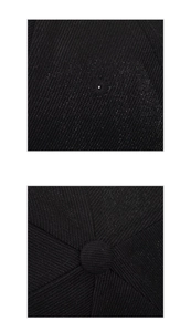 Detailed close-up showing the top button and embroidered eyelets of the black baseball cap