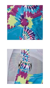Dettaglio cappellino tie-dye colorato con bottone superiore e fibbia in metallo regolabile