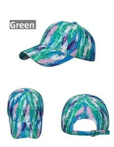 Detailed views of tie-dye baseball cap with colorful feather print and adjustable strap