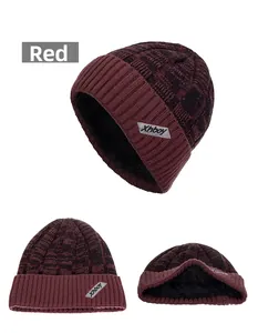 Close-up of thick fleece lining and knit pattern on winter beanie for men