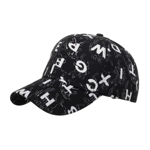 Fashionable black baseball cap with white alphabet letters and artistic patterns print