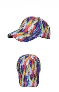 Detailed close-up of colorful feather print and multi-panel stitching on baseball cap