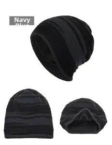 Detailed views of warm winter knit beanie with soft fleece lining and striped pattern