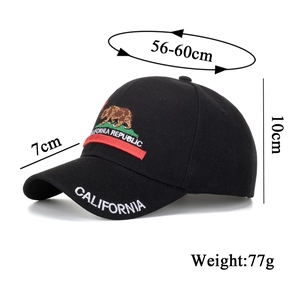 Black cotton baseball cap featuring California Republic bear embroidery and curved brim