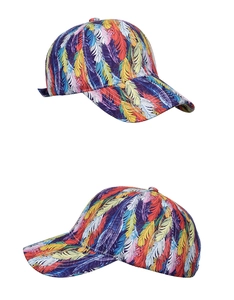 Detail view showing colorful feather print pattern on the fabric baseball cap