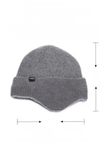 Detail view of grey knit beanie with earflaps showing size 23x25cm and 118g weight