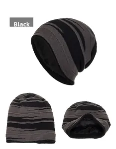 Detailed view of striped knit beanie with thick black thermal fleece lining for winter
