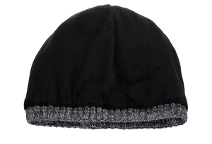 Detail of winter beanie showing thick black fleece lining and grey knit cuff texture