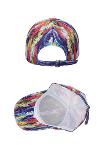 Detailed view of colorful feather print baseball cap with metal buckle and mesh lining