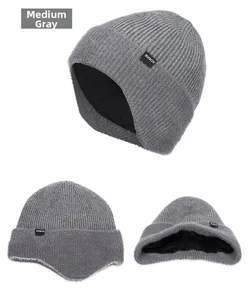 Detailed view of heather grey knit beanie with ear flaps and warm fleece lining