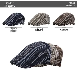 Detailed color display of striped Gatsby caps in navy blue, khaki, and coffee tones