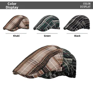 Close-up of three classic plaid flat caps in khaki, green, and black color options