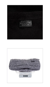 Detail of material label and weight measurement for thick grey winter knit hat