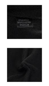 Detail showing material label with 45% acrylic blend on a black knitted winter hat