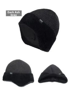 Detail view of dark heather grey knitted hat with warm faux fur lining and earflaps