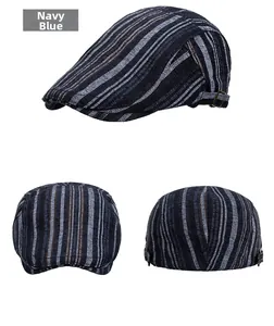 Detailed views of navy blue striped flat cap with adjustable metal side buckles