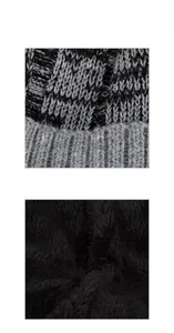 Macro shot of thick black fleece lining and mixed color knit texture on winter beanie