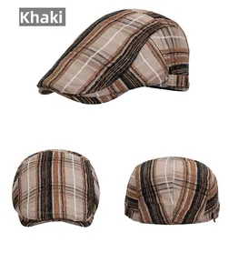 Three views of khaki plaid newsboy cap showing top, side and adjustable metal buckle