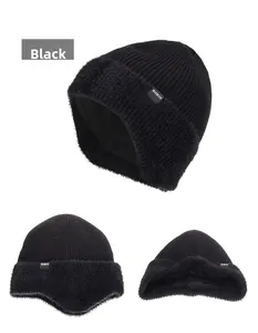 Detail of black ribbed knit beanie with thick faux fur lining and ear protection flap
