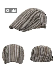 Detail of khaki striped flat cap featuring adjustable metal side buckle and cotton fabric