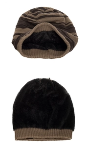 Detailed view of the warm fleece lining and striped knit texture of the winter beanie