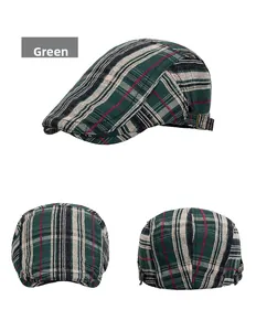 Detailed three-view shots of green plaid flat cap with adjustable metal buckle closure