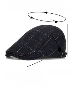 Detail of navy blue plaid beret hat showing wool blend texture and size dimensions